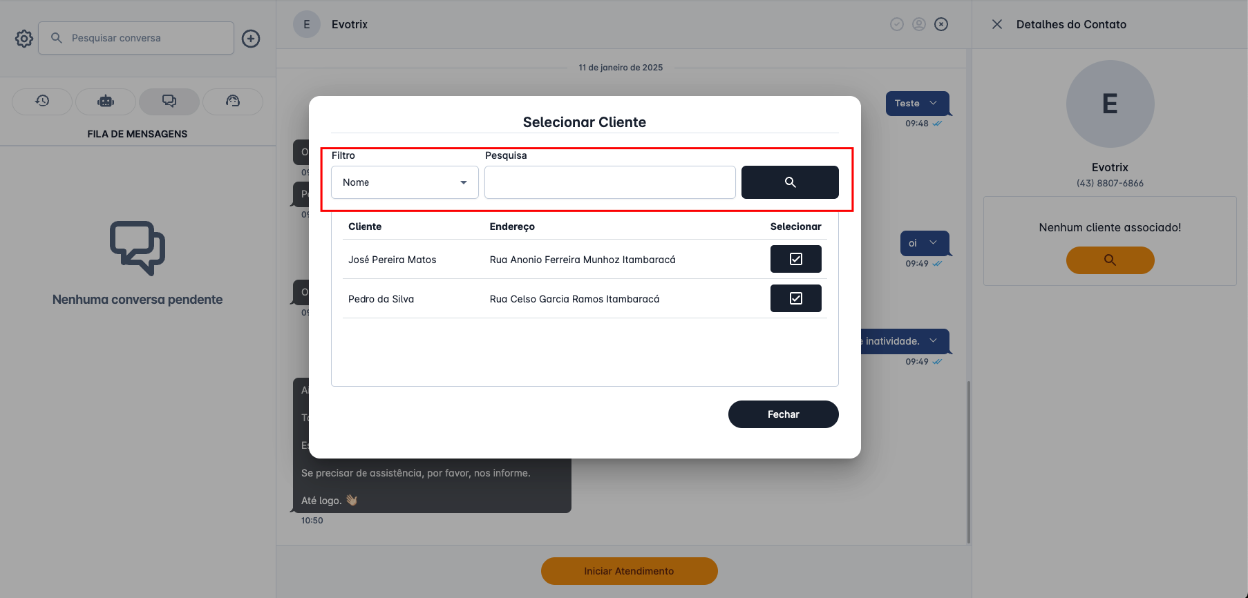 chat integrado selecionar