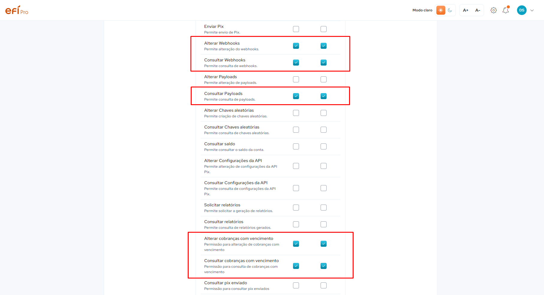 efi app permissoes pix